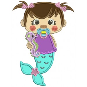Cute Baby Girl Mermaid Holding Seahorse Applique Machine Embroidery Design Digitized Pattern