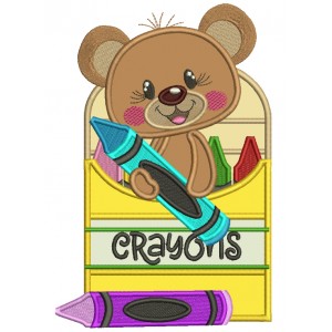 Cute Bear Holding Crayons School Applique Machine Embroidery Design Digitized Pattern