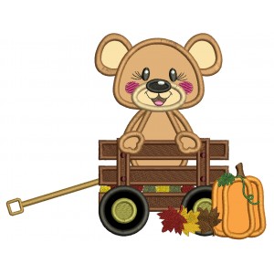 Cute Bear Sitting Inside Wagon With Fall Leaves Applique Machine Embroidery Design Digitized Pattern