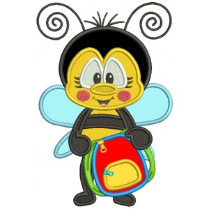 Cute Bee Holding School Backpack Applique Machine Embroidery Design Digitized Pattern