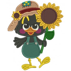 Cute Crow Holding a Sunflower Fall Filled Thanksgiving Machine Embroidery Design Digitized Pattern