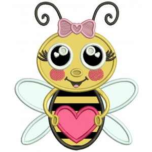 Cute Girl Bee Holding Heart Valentine's Day Applique Machine Embroidery Design Digitized Pattern