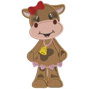 Cute Girl Cow With a Bell Valentine's Day Filled Machine Embroidery Design Digitized Pattern