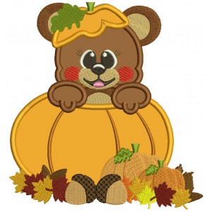 Cute Little Bear Sitting Inside Pumpkin Fall Applique Machine Embroidery Design Digitized Pattern