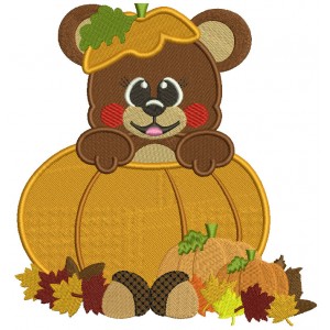 Cute Little Bear Sitting Inside Pumpkin Fall Filled Machine Embroidery Design Digitized Pattern