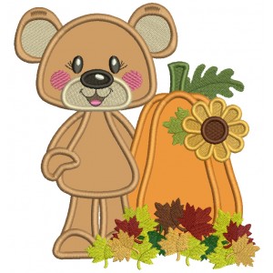Cute Little Bear Standing Next To Pumpkins With Fall Leaves Applique Machine Embroidery Design Digitized Pattern