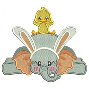 Cute Little Chick Sitting On Elephant Wearing Bunny Ears Easter Filled Machine Embroidery Design Digitized Pattern 