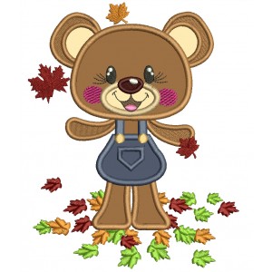 Cute Little Girl Bear Catching Leaves Fall Applique Machine Embroidery Design Digitized Pattern