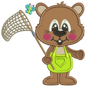 Cute Little Groundhog Catching Butterflies Applique Machine Embroidery Design Digitized Pattern