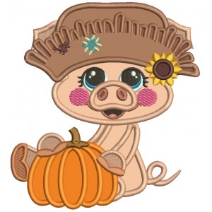 Cute Little Pig Farmer Holding Big Pumpkin Halloween Applique Machine Embroidery Design Digitized Pattern