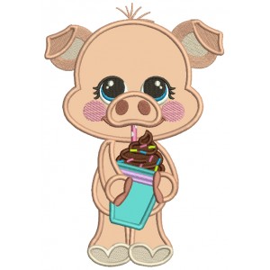 Cute Little Piggy Drinking Chocolate Shake Applique Machine Embroidery Design Digitized Pattern