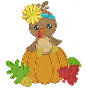 Cute Little Turkey Sitting On The Pumpkin Thanksgiving Filled Machine Embroidery Design Digitized Pattern
