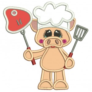 Cute Pig Cook Holding Big Steak Applique Machine Embroidery Design Digitized Pattern
