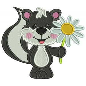 Cute Skunk Holding A Daisy Flower Filled Summer Machine Embroidery Design Digitized Pattern