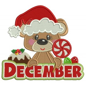 December Bear Holding Candy Christmas Filled Machine Embroidery Design Digitized Pattern