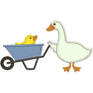 Duck Driving a Little Baby Chick In Garden Wagon Applique Machine Embroidery Design Digitized Pattern