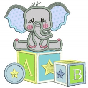 Elephant Sitting On School Blocks Applique Machine Embroidery Digitized Design Pattern