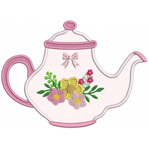 Fancy Teapot WIth Flowers Applique Machine Embroidery Design Digitized Pattern
