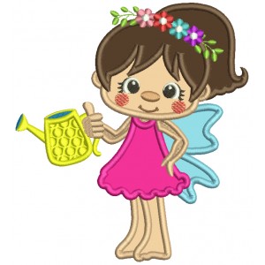 Flower Fairy Watering Plants Applique Machine Embroidery Design Digitized Pattern