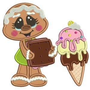 Gingerbread Girl Holding Ice Cream Applique Machine Embroidery Digitized Design Pattern