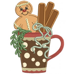 Gingerbread Man Sitting Inside the Cup Christmas Applique Machine Embroidery Design Digitized Pattern