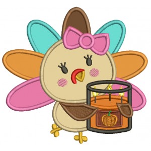 Girl Turkey Holding Pumpkin Pie With Candles Thanksgiving Applique Machine Embroidery Design Digitized Pattern