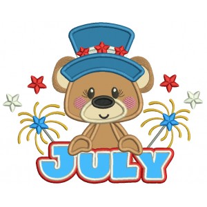 July Bear Independence Day Patriotic Applique Machine Embroidery Design Digitized Pattern