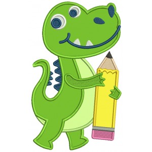 Little Dino Holding a Pencil School Applique Machine Embroidery Design Digitized Pattern