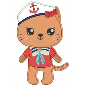 Little Girl Kitten Saylor With Anchor Applique Machine Embroidery Design Digitized Pattern