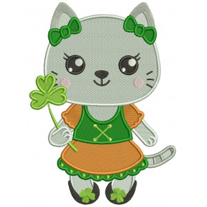 Little Kitten Holding Shamrock St.Patrick's Day Filled Machine Embroidery Design Digitized Pattern