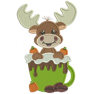 Little Moose Holding a Coffee Cup Fall Thanksgiving Filled Machine Embroidery Design Digitized Pattern