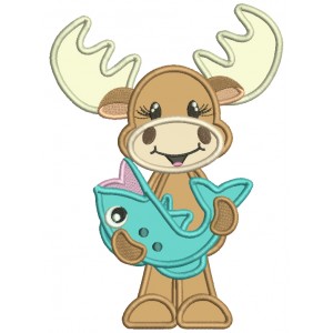 Moose Holding a Big Fish Applique Machine Embroidery Design Digitized Pattern