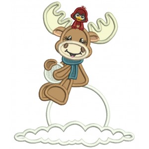 Moose Sitting a Snow Christmas Applique Machine Embroidery Design Digitized Pattern