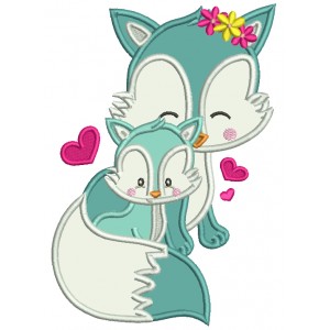 Mother And Baby Fox WIth Hearts Applique Machine Embroidery Design Digitized Patterny 