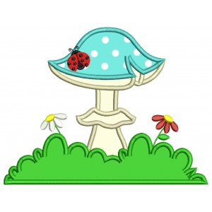 Mushroom With Flowers And Ladybug Applique Machine Embroidery Design Digitized Pattern