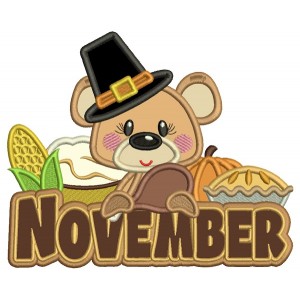 November Bear Thanksgiving Applique Machine Embroidery Design Digitized Pattern