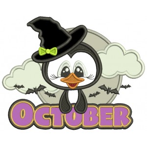 October Penguin Flying Bats Halloween Applique Machine Embroidery Design Digitized Pattern