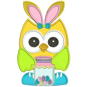 Owl Wearing Bunny Ears Holding Jar With Easter Eggs Applique Machine Embroidery Design Digitized Pattern 