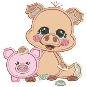 Pig Saver With Pennies Applique Machine Embroidery Design Digitized Pattern
