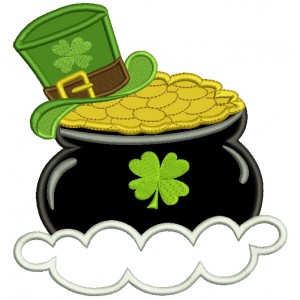 Pot of Gold With a Shamrock Hat Irish St Patrick's Day Applique Machine Embroidery Design Digitized Pattern