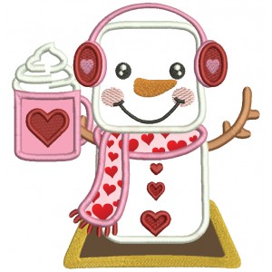 Snowman With Heart Holding Hot Cocoa Valentine's Day Applique Machine Embroidery Design Digitized Pattern