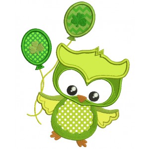 St Patrick's Day Owl Holding Ballooon With Shamrock Applique Machine Embroidery Design Digitized Pattern