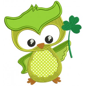 St Patrick's Day Owl Holding Shamrock Irish Applique Machine Embroidery Design Digitized Pattern