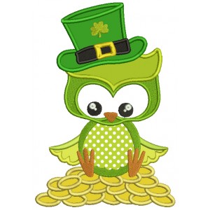 St Patrick's Day Owl Sitting on Gold Coins Irish Applique Machine Embroidery Design Digitized Pattern