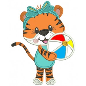 Tiger Girl With a Beach Ball Summer Applique Machine Embroidery Design Digitized Pattern