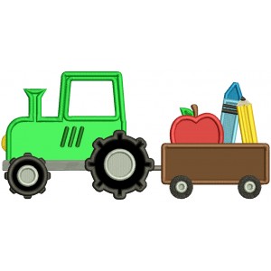 Tractor Carrying School Supplies And an Apple Applique Machine Embroidery Design Digitized Pattern