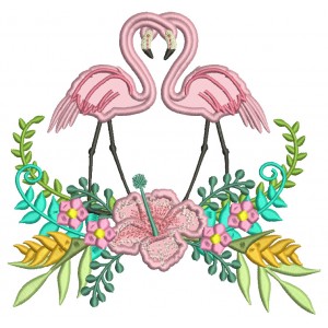 Two Flamingos And Beautiful Flowers Applique Machine Embroidery Design Digitized Pattern