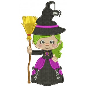 Witch Holding a Broom With a Spider On Her Hat Halloween Filled Machine Embroidery Design Digitized Pattern 