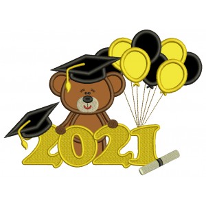 2021 Bear Graduate With Balloons Applique Machine Embroidery Design Digitized Pattern