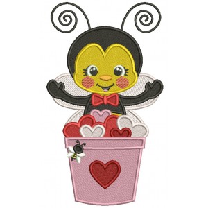 Bee Sitting Inside The Bucket With Hearts Valentine's Day Filled Machine Embroidery Design Digitized Pattern
